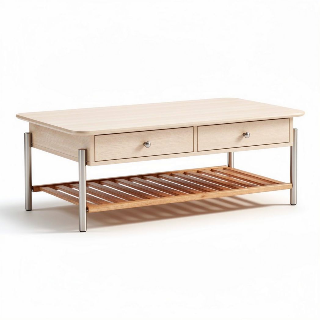 Wooden coffee table with metal frame and two drawers 120 x 60 x 40cm
