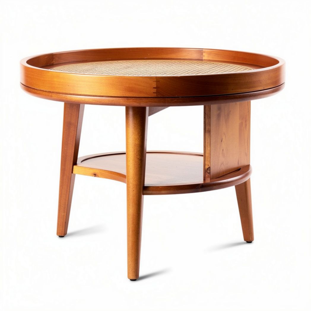 Natural wood coffee table with rattan surface and storage shelf 80 x 80 x 45cm