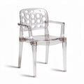 Clear acrylic armchair with circular cutout design for indoor and outdoor use