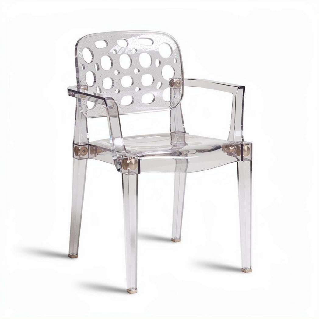 Clear acrylic armchair with circular cutout design for indoor and outdoor use