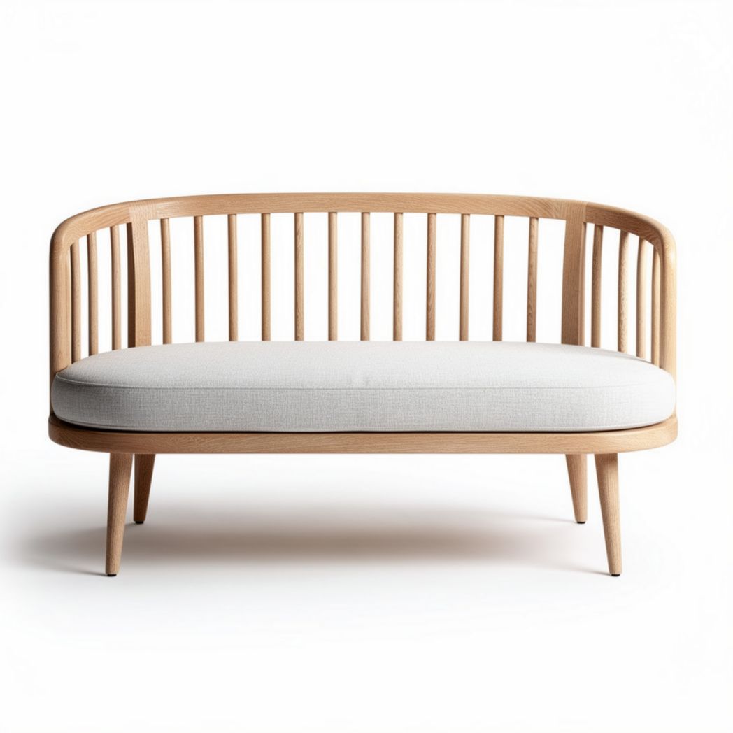 Wooden loveseat with upholstered fabric seat and curved backrest 120 x 70 x 70cm