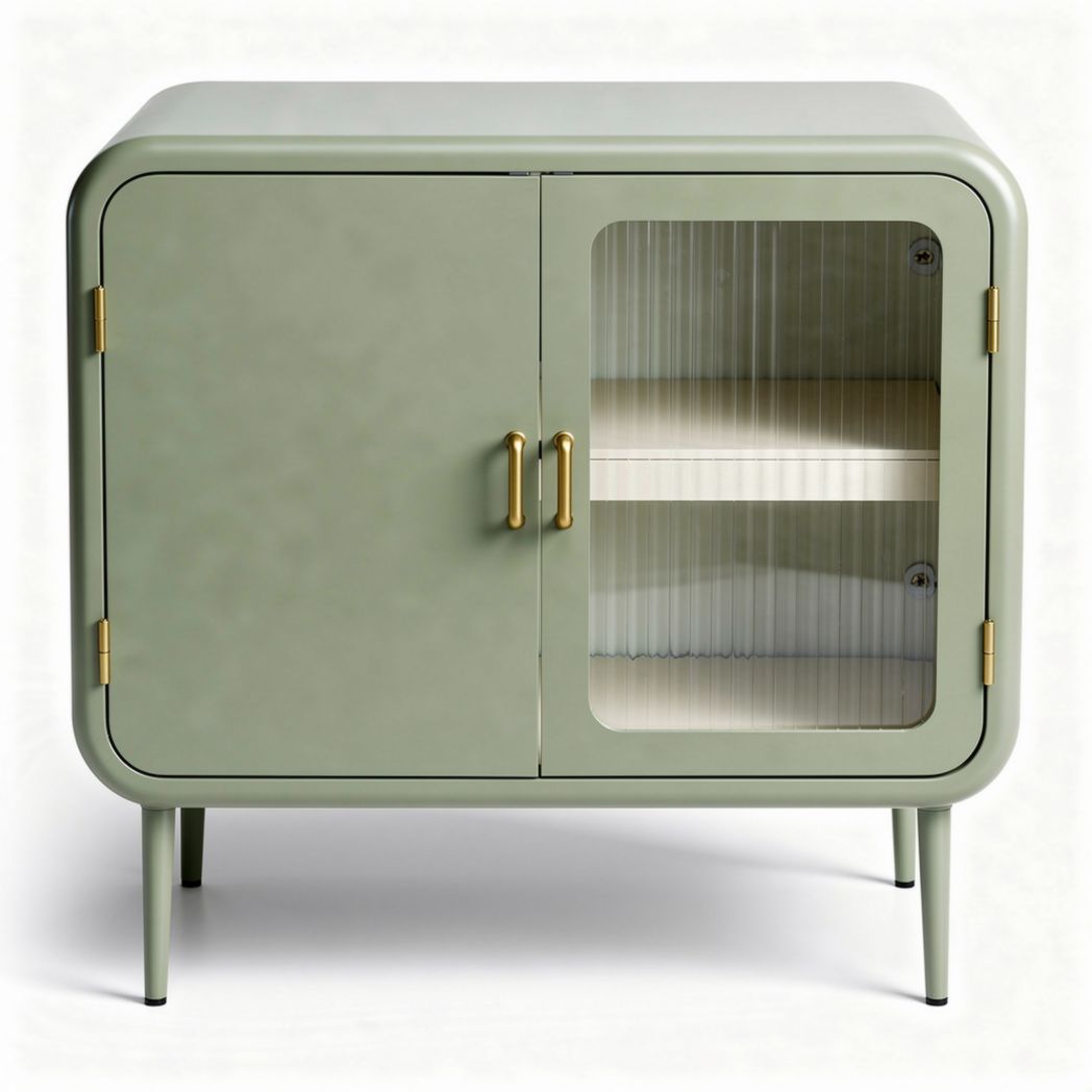 Green metal cabinet with glass door and two shelves 80 x 40 x 75cm