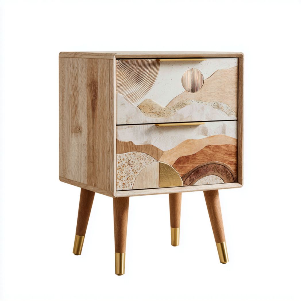 Two-drawer geometric accent nightstand in walnut finish with metal accents