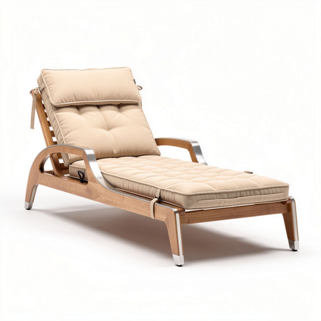 Wooden lounge chair with beige cushion and adjustable headrest 180 x 70 x 80cm