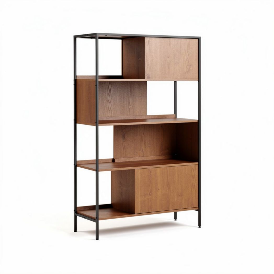 Wooden bookshelf with metal frame four-tier storage unit 80 x 30 x 180cm