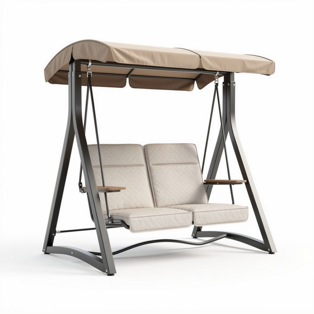 Outdoor double swing bench with canopy and metal frame in beige color