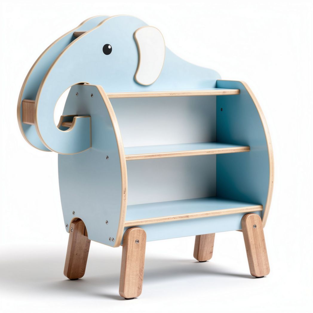 Elephant-shaped wooden bookshelf for kids in light blue color 60 x 30 x 70cm