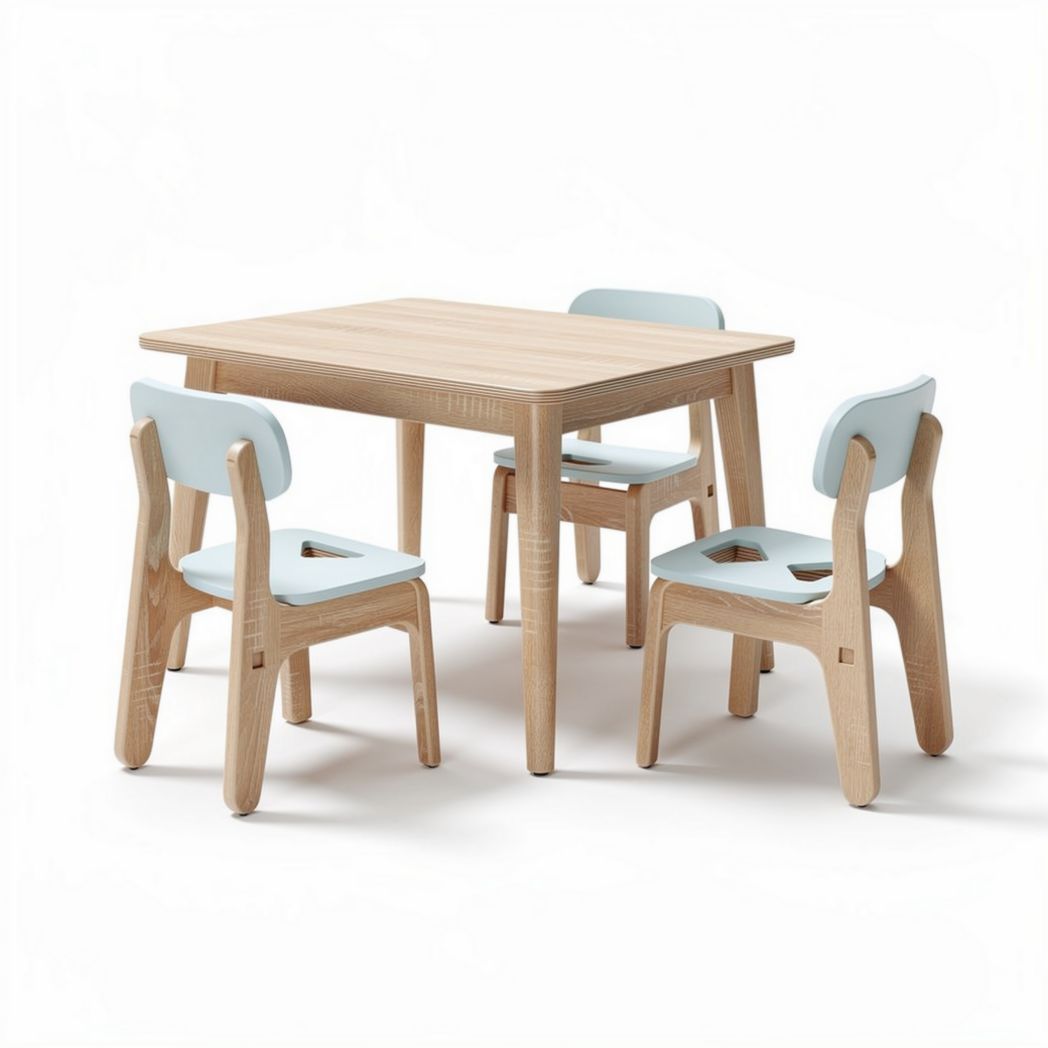 Children's wooden table and chair set with blue accents for playroom 80 x 60 x 50cm