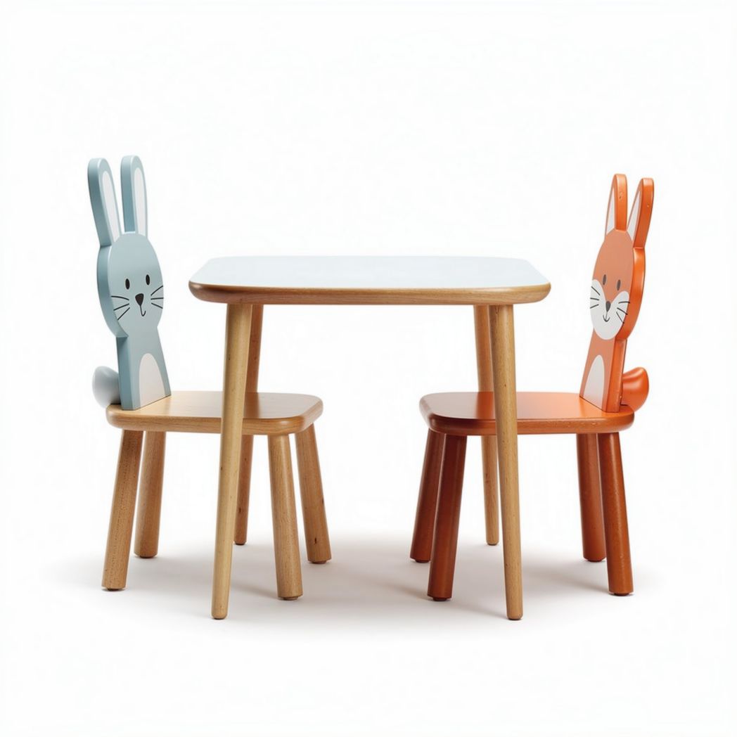Kids' wooden table set with rabbit chair design in blue and orange 60 x 40 x 50cm